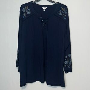 Terra & Sky BOHO Floral Embroidered Blouse 3/4 Sleeve Lace V-Neck Women’s Sz 4X